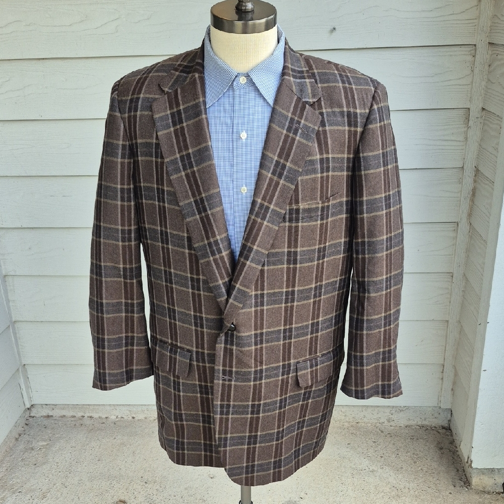 TOM JAMES Royal Classic Brown Grey Plaid Bespoke‎ Sz 48 S R Mens Sport Coat